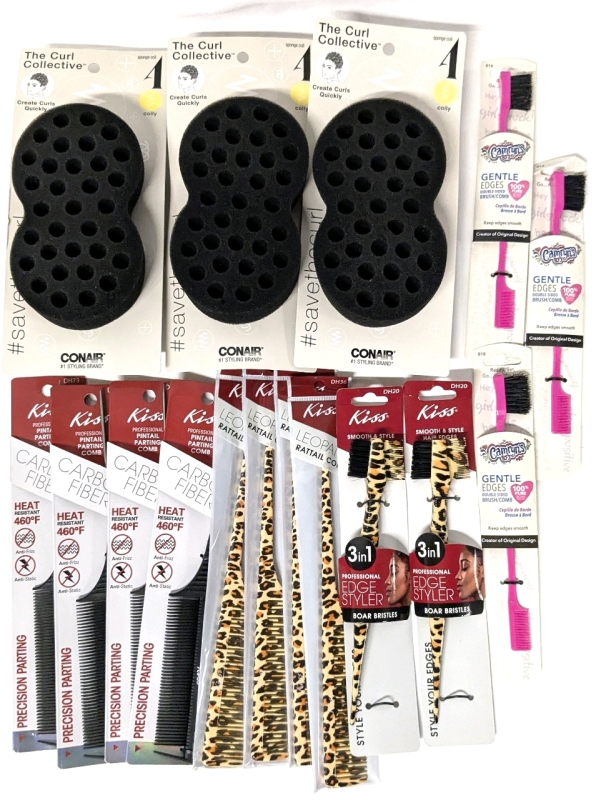 New Hair Styling Tools : 3 Conair #4 Curl Collective, 4 Carbon Fiber Pintail Parting Combs, 4 Rattail Combs, 3 Gentle Edges Brush/Comb & 2x 3 in 1 Boar Bristle Edge Stylers