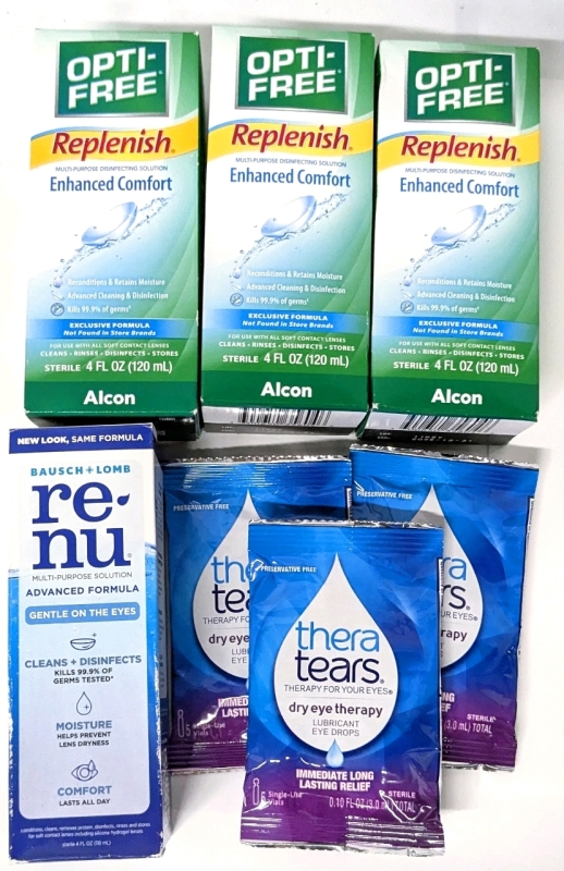 3 New Opti-Fresh Replenish 120ml Multi-Purpose Disinfecting Solutions, 3 Thera Tears Lubricant Drops (5 Doses per Pack) + Re-Nu Disinfecting Solution 118ml (Past EXP Date)