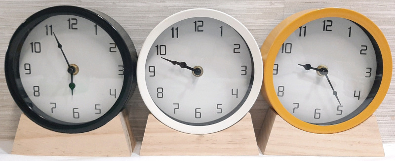 3 New Analog Alarm Clocks on Wooden Stands (7" Tall, 6" Diameter)