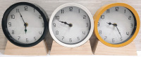 3 New Analog Alarm Clocks on Wooden Stands (7" Tall, 6" Diameter)