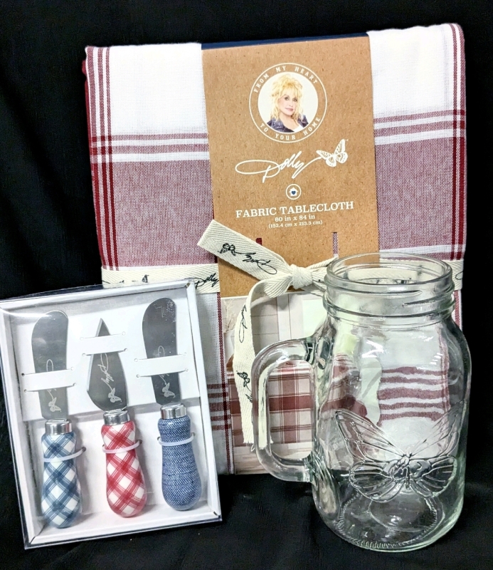 New DOLLY PARTON | Plaid Cotton Blend Tablecloth 60" x 84", Set of 3 Stainless Steel Cheese Spreaders & Mason Jar Glass with Handle