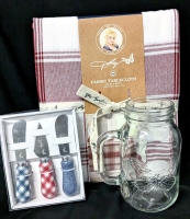 New DOLLY PARTON | Plaid Cotton Blend Tablecloth 60" x 84", Set of 3 Stainless Steel Cheese Spreaders & Mason Jar Glass with Handle