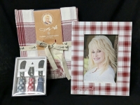 New DOLLY PARTON | Plaid Cotton Blend Tablecloth 60" x 84", Set of 3 Stainless Steel Cheese Spreaders & Red Flannel Picture Frame for 5x7 Photos