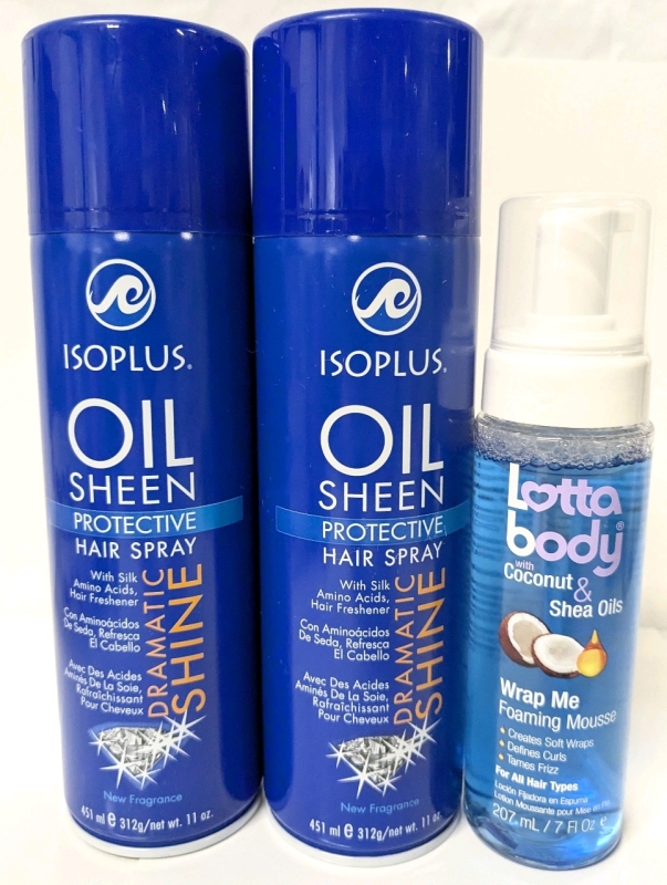 2 New IsoPlus OIL SHEEM Protective Hair Sprays - 451ml ea & Lotta Body Coconut Shea Oil Wrap Me Foaming Mousse - 207ml
