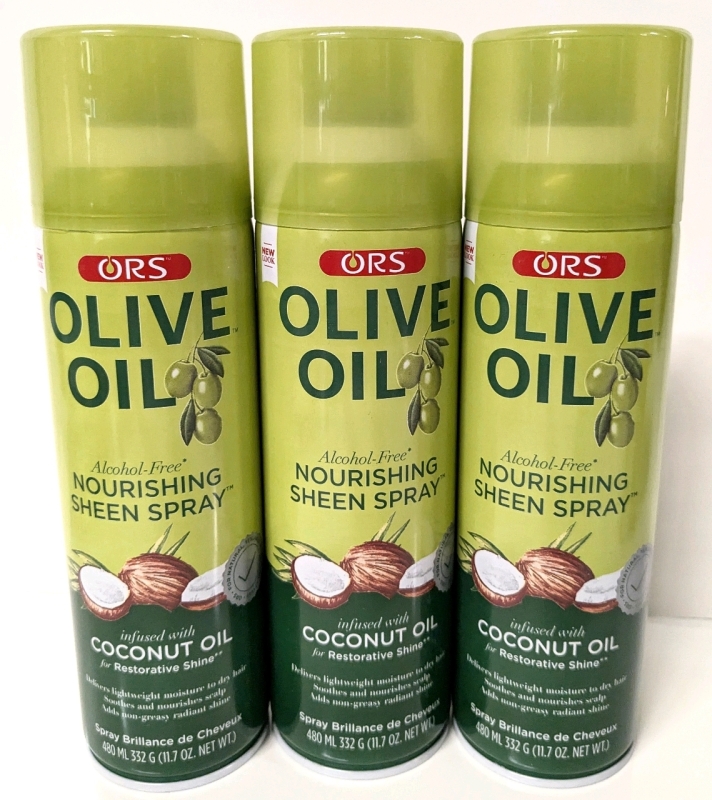 3 New ORS Olive Oil Alcohol-Free Nourishing Sheen Sprays with Coconut Oil - 480ml ea