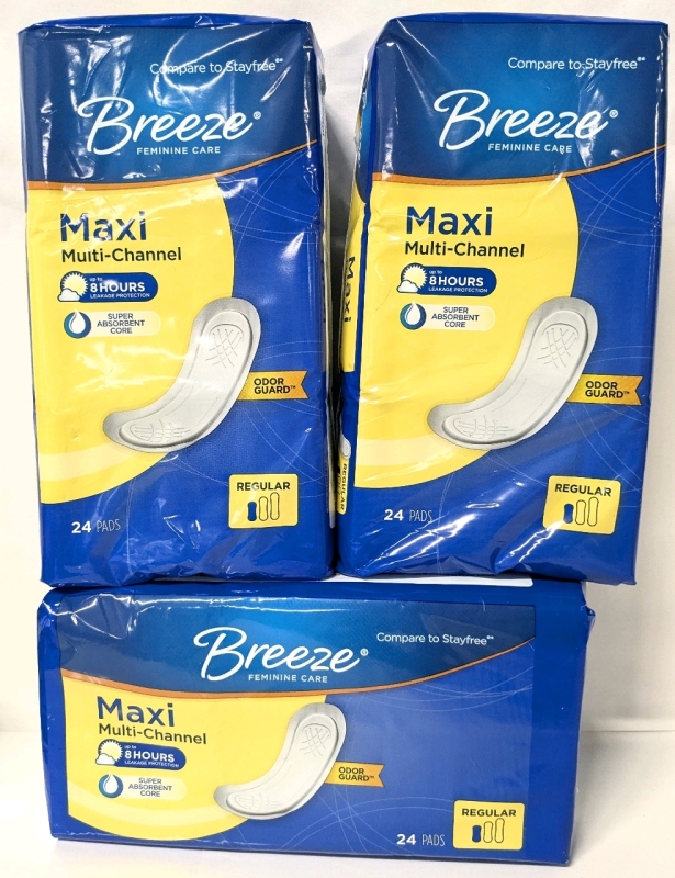 3 New Packs BREEZE Multi Channel Maxi Pads with Odor Guard : Regular - 24 Pads per Pack