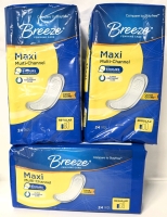 3 New Packs BREEZE Multi Channel Maxi Pads with Odor Guard : Regular - 24 Pads per Pack