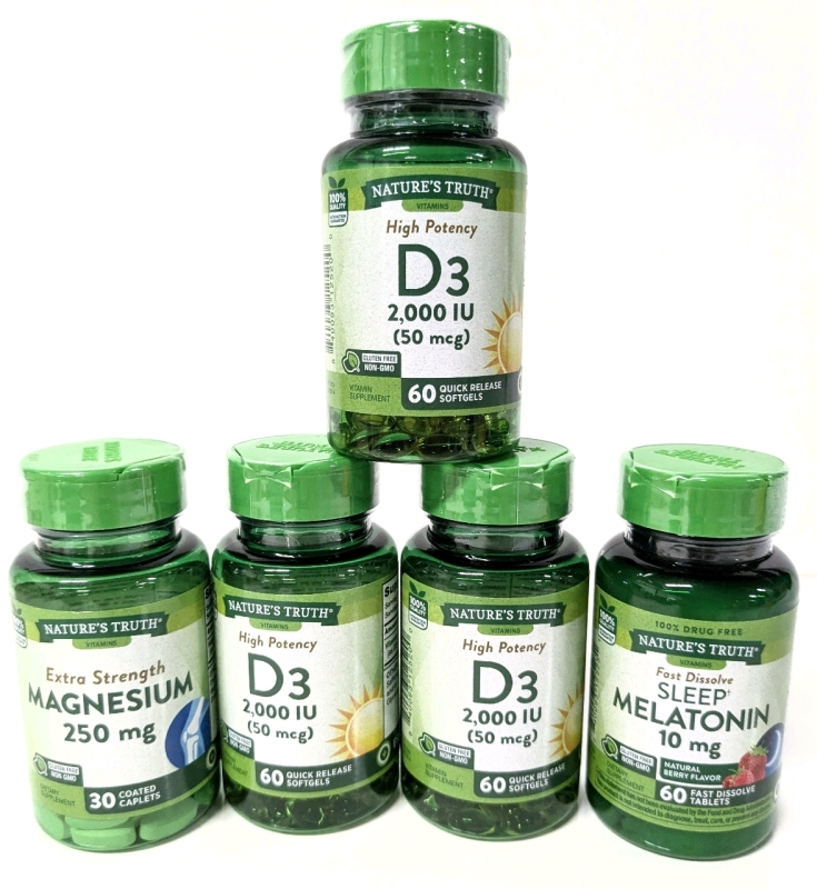 5 New Nature's Trust Supplements: 3x Vitamin D3 50mcg (60 caps ea), Extra Strength Magnesium 259mg (30 Caps), Melatonin Berry Flavour 10mg (60 tabs)