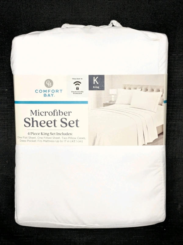 New KING Size COMFORT BAY Microfiber Sheet Set : Flat Sheet, Fitted Sheet + 2 Pillowcases