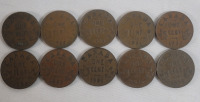 1920 - 1936 Canadian King George V Small One Cent Pennies . 1920 , 1928 , 1929 , 1931 , 1932 &times;2 , 1933 , 1934 , 1935 & 1936 . Ten (10) Coins