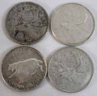 1938 - 1968 Canadian Silver Quarters . 1938 , 1964 , 1967 & 1968 . Four (4) Coins