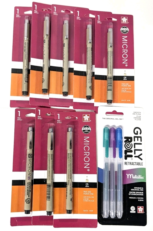 New Pens! 6x MICRON #08 (.5mm) + 3x MICRON #05 .45mm Fine Line Archival Ink Black Pens + 3-Pack Gelly Roll Retractable Metalic Pens 0.8mm Medium