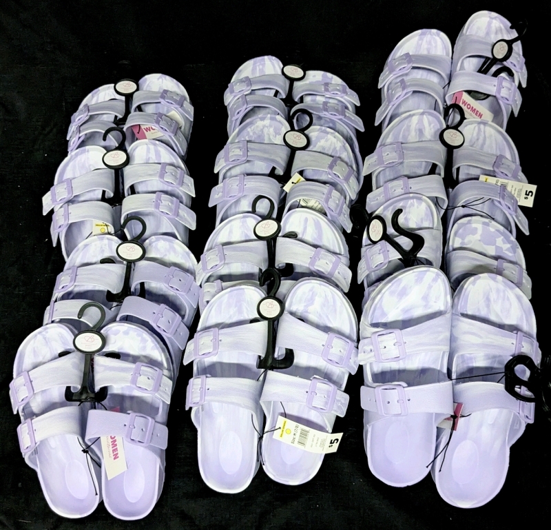 12 New Pairs Ladies Slides Sandals : 4 Pairs Each Small (5/6), Medium (7/8) & Large (9/10)