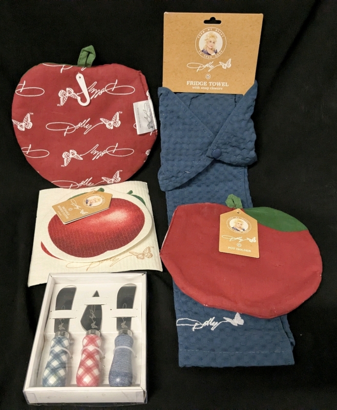 New DOLLY PARTON | Set of 3 Stainless Steel Cheese Spreaders, 2 100% Cotton Apple Pot Holders, 2-Pc Reusable Sponge Cloths & Fridge Towels with Snap Closure 12" x 24"