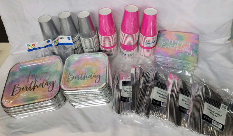 New - Large Birthday Celebration Accessories . 160 Cups , 90 Cutlery Pcs. , 144 Plates & 176 Napkins .