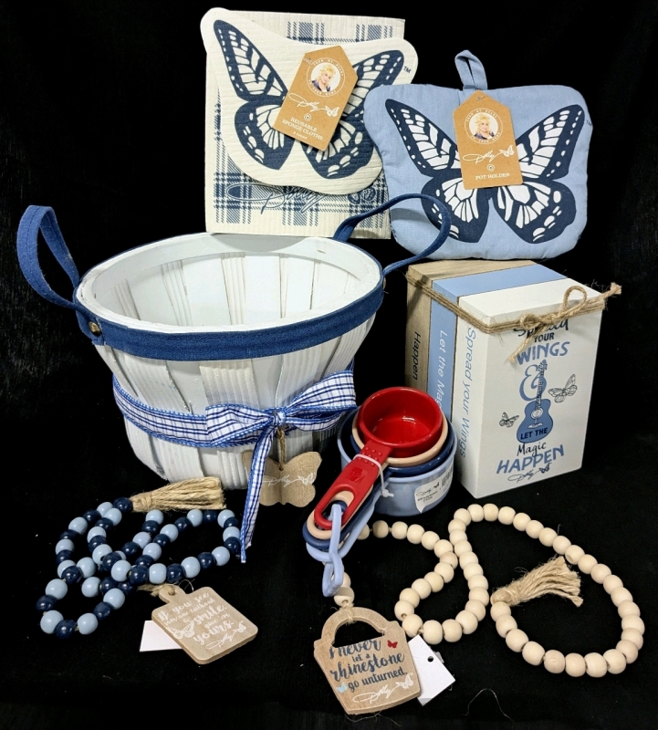 New DOLLY PARTON | 9.13" Butterfly Wood Basket, 100% Cotton Butterfly Pot Holder, 2pack Reusable Sponge Cloths, 2x Smile Sentiment Bead Garlands, 4pc Measuring Cups & 5.9" Magic Happens Deco Book Set