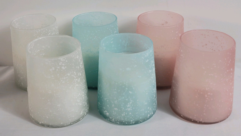 New - Six (6) TrueLiving Outdoor Frosted Glass Citronella Candles . Measures 3 3/4" diameter & 4" Tall
