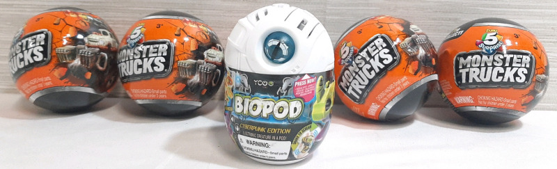 Lot of Gacha Toys, Including 5 Zuru 5Surprise Monster Trucks (7 to Draw) & YCO BioPod Cyberpunk Edition
