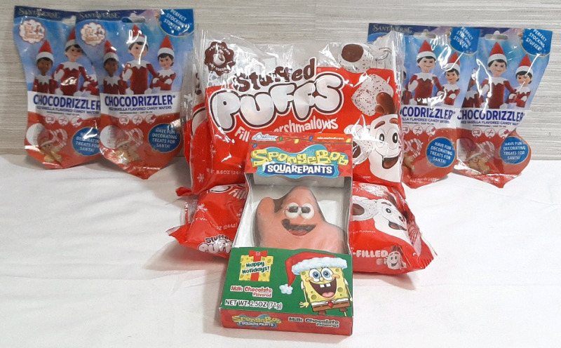Lot of Christmas Oriented Candy & Chocolate, Including 4 Stuffed Puffs Peppermint Milk Chocolate Marshmallows (8.6oz), 4 Elf on A Shelf Chocodrizzler Red Vanilla Flavored Candy Wafers (2oz) & Patrick Star Milk Chocolate Bar (2.5oz)