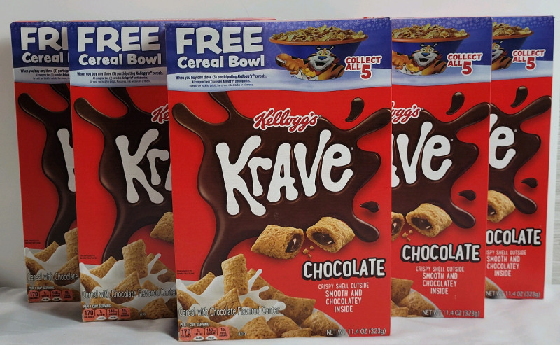 New - Five (5) Kelloggs Krave Chocolate Cereal . 323g Boxes . Best Before OCT 23 / 2025