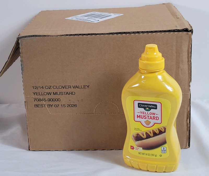 New - Twelve (12) Clover Valley Yellow Mustard Bottles , 397g (14oz) . Best Before 07/15/2026