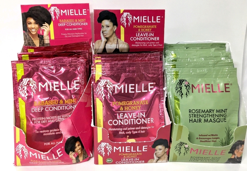 25 New MIELLE 50g Packs: 7x Pomegranate & Honey Leave-In Conditioner, 10x Babassu & Mint Deep Conditioner, 8x Rosemary Mint Strengthening Masques