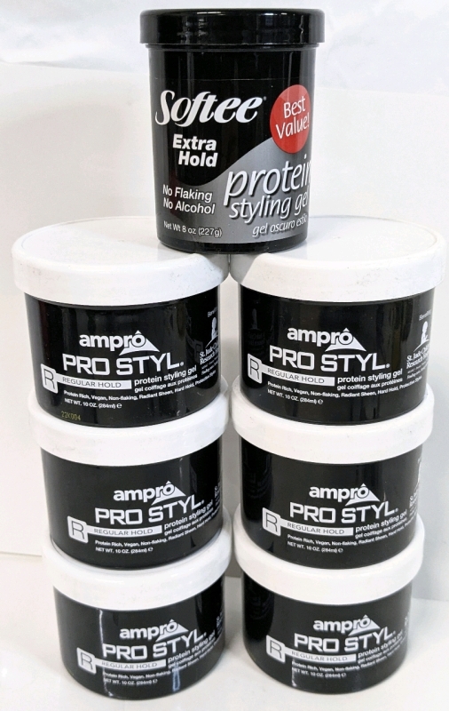 7 New Protein Hair Styling Gels : 6x Ampro PRO STYLE Regular Hold - 284ml ea, 1x SOFTEE Extra Hold 227g