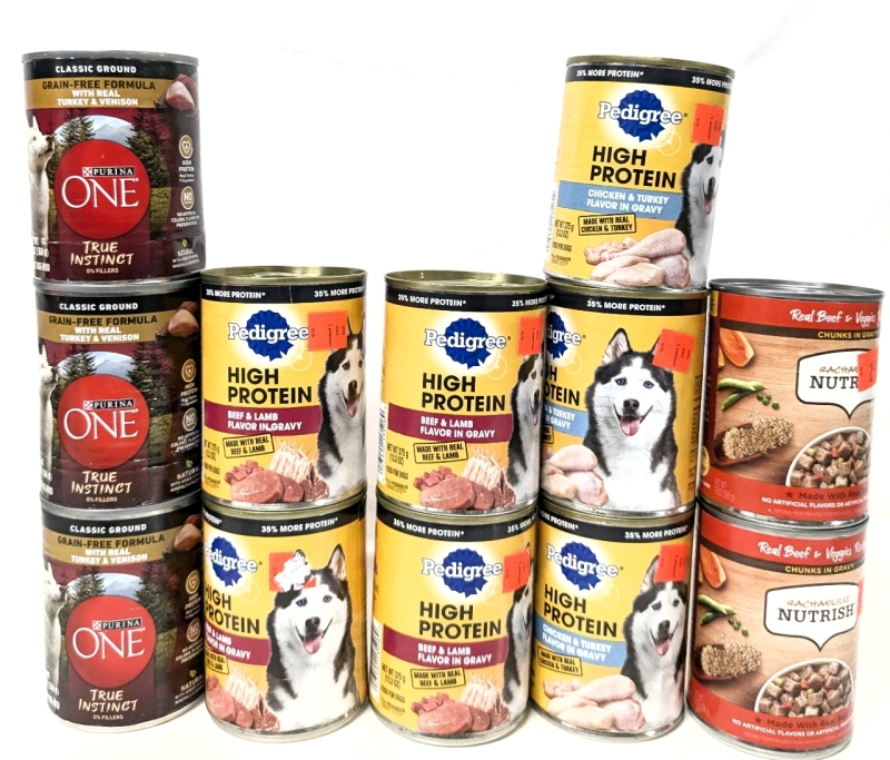 12 New Cans Wet Dog Food : Purina One Turkey Venison, Pedigree Beef Lamb Gravy, Pedigree Chicken Turkey Gravy, Rachel Ray Nutrish Beef Veg - 368g - 375g