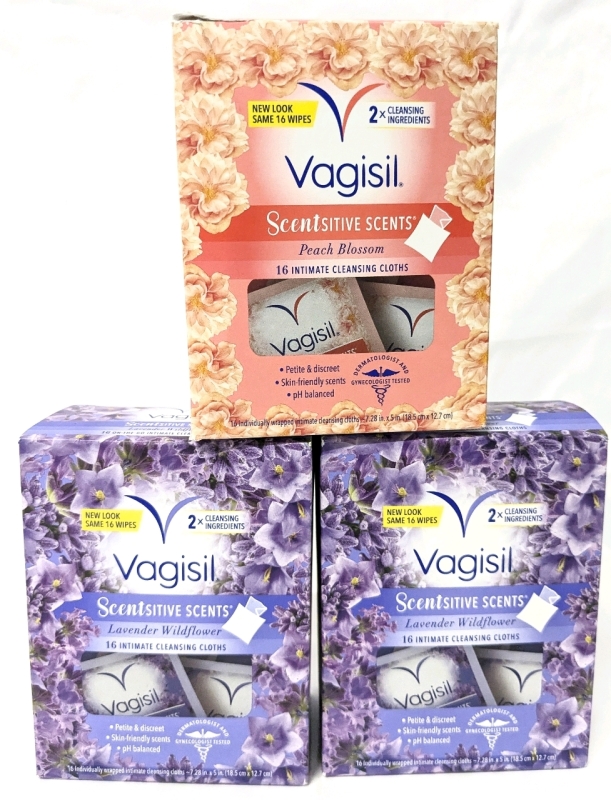 3 New VAGISIL Sensitive Scents Intimate Cleansing Cloths : 2x Lavender Wildflower + Peach Blossom | 16 Cloths ea