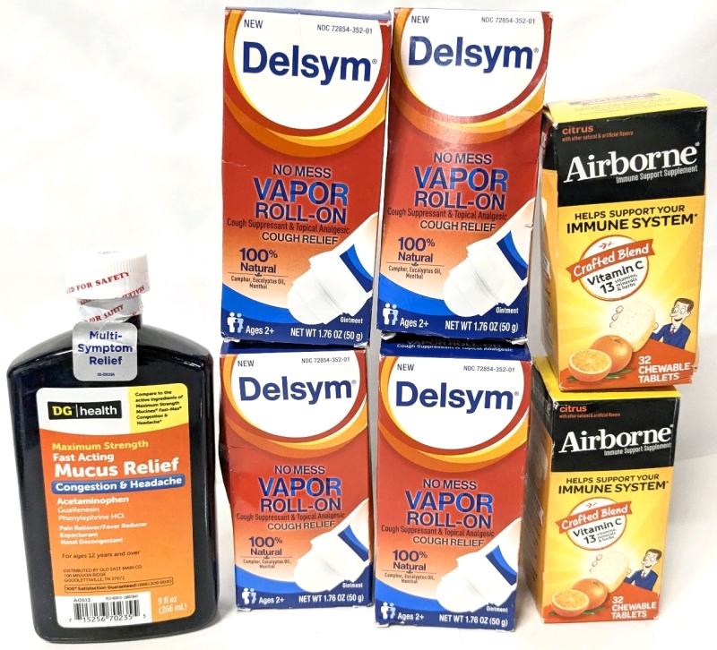 4 New DELSYM Vapor Roll-On Cough Relief 50g ea, 2 Airborne Immune Support Orange Flavored Chewable Tablets (32 tabs ea) + Mucus Relief Expectorant Decongestant 266ml