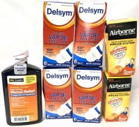 4 New DELSYM Vapor Roll-On Cough Relief 50g ea, 2 Airborne Immune Support Orange Flavored Chewable Tablets (32 tabs ea) + Mucus Relief Expectorant Decongestant 266ml