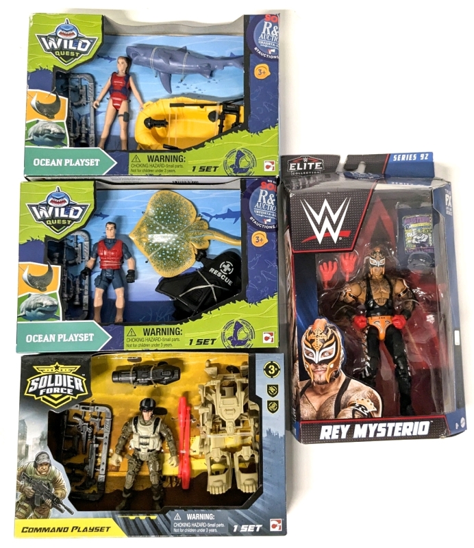 New WWE Elite Collection Series 9Z 6" REY MYSTERIO Figure + 2x Wild Quest Ocean Playsets + Soldier Force Command Playset