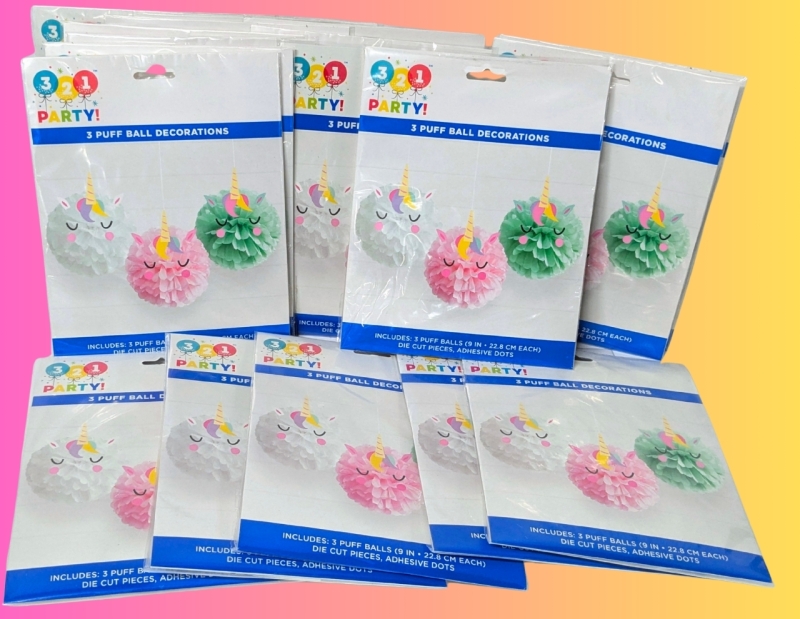 18 New 3-Packs ofUnicorn Puff-Ball Decoration Kits - 9" Each