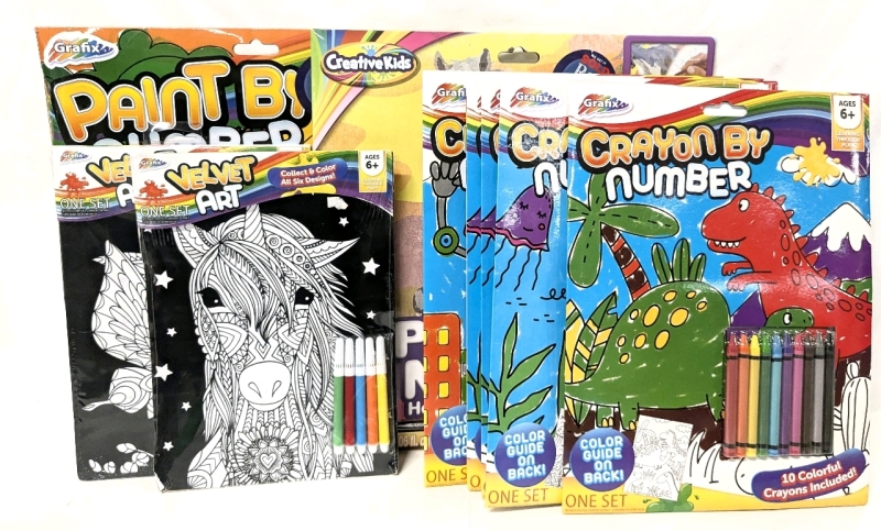 10 New Kids' Art Kits : 2x Paint by Numbers 3x Velvet Art, 5x Crayon by Numbers