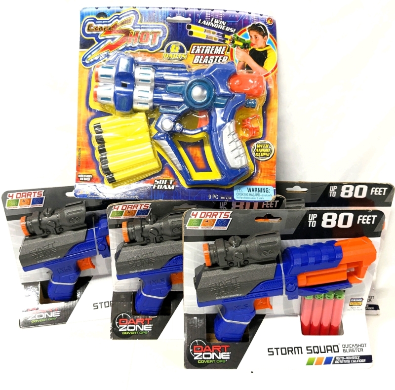 4 New Dart Zone STORM SQUAD Quickshot Blasters with 4 Darts + CyberShot Twin Launcher EXTREME BLASTER with 6 Darts