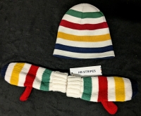 New O/S HBC Hudson's Bay Company Stripes Knitted Mittens & Near-New HB Beanie with Pom Pom Cut Off