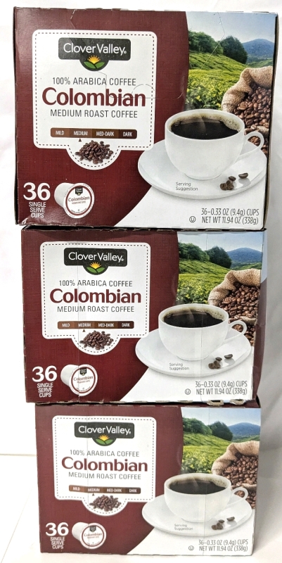 3 New Boxes Clover Valley 100% Arabica Medium Roast Columbian Coffee Pods - 36 Single Serve Cups | BB March 28 2026
