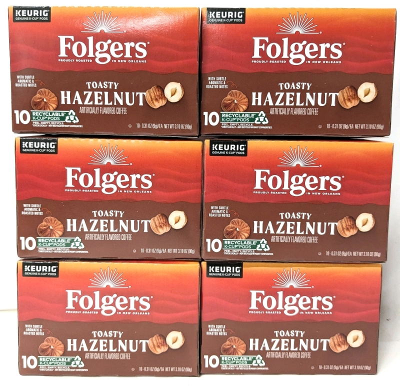 6 New Boxes FOLGERS Toasty Hazelnut Flavoured Coffee Keurig K-Cup Pods - 10 Cups per Box | Best By Dec 12 2025