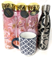 2 New Savor & Celebrate 532ml Fancy Floral Gold Top Water Bottles, 500ml Leopard Print Bottle & 465ml Ceramic Coffee Mug