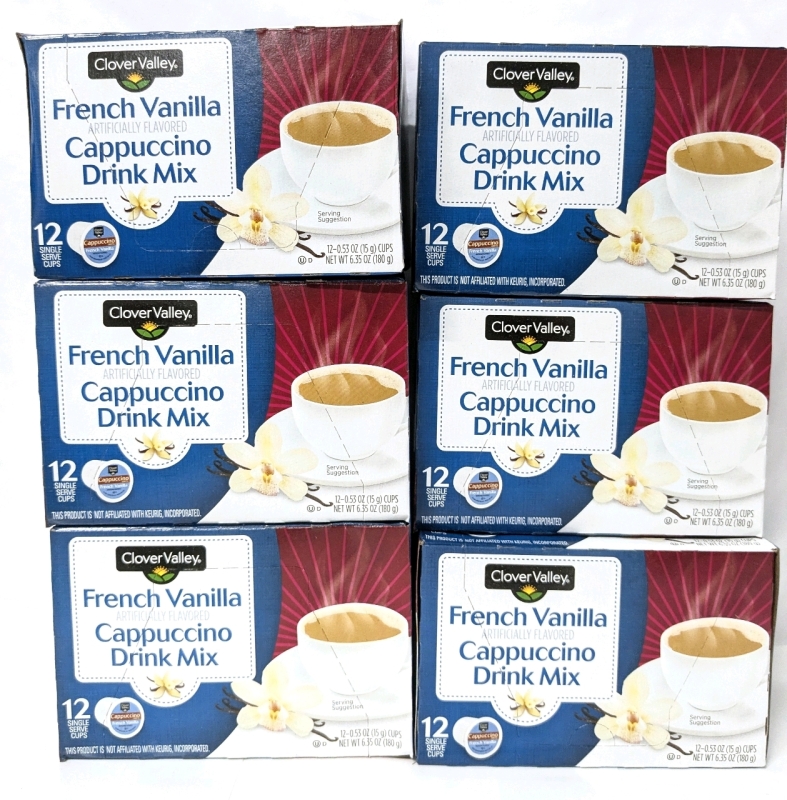 6 New Boxes Clover Valley FRENCH VANILLA Cappuccino Single Serve Drink Mix - 12 Cups per Box | Best By Nov 12 2025