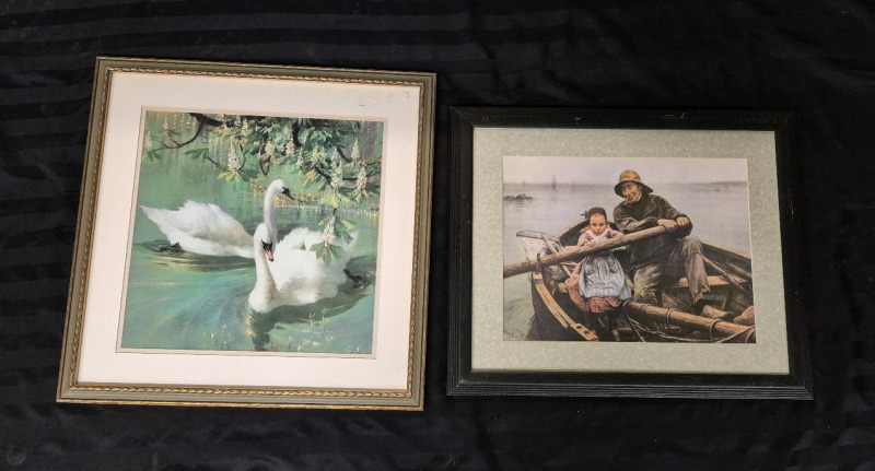 2 Vintage Framed Prints - Swans
