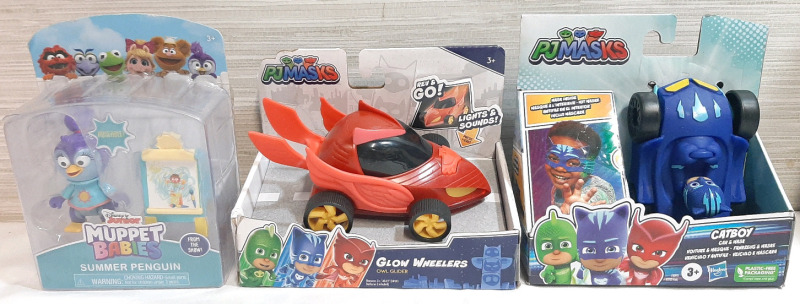 Lot of New Children's Toys, Including Muppet Babies Summer Penguin Figure, PJMasks Owl Glider Glow Wheeler & Catboy Car and Mask
