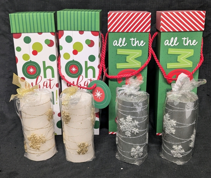 New: Christmas Gifting Lot - 4 Pillar Candles - 6" Tall - 4 Wine Gifting Boxes - 13" Tall
