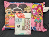 New: Girls Bed Pillow and Shower Curtain - Pillow is 19" x 26" - Shower Curtain is 72" x 72"