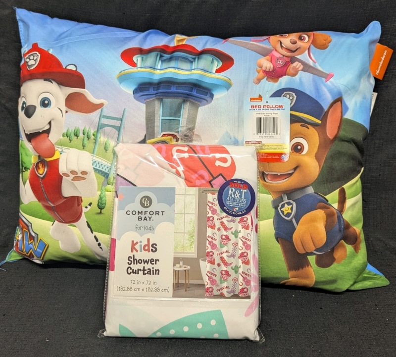 New: Girls Bed Pillow (Paw Patrol) and Shower Curtain - Pillow is 19" x 26" - Shower Curtain is 72" x 72"