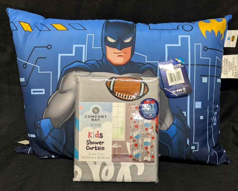 New: Boys Bed Pillow (Batman) and Shower Curtain - Pillow is 19" x 26" - Shower Curtain is 72" x 72"