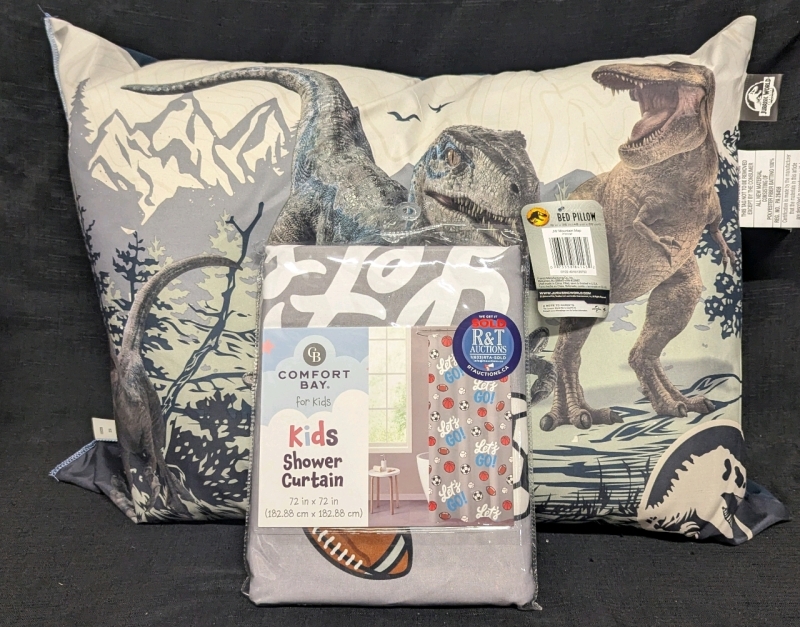 New: Boys Bed Pillow (Dinosaur) and Shower Curtain - Pillow is 19" x 26" - Shower Curtain is 72" x 72"