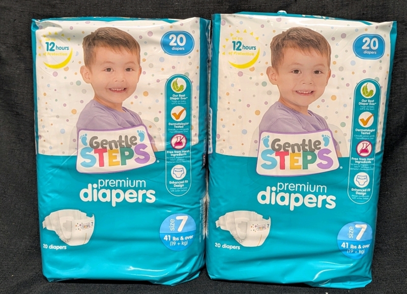 2 New: Size 7 (41 lbs+)Gentle Steps Premium Diaper Packs - 20 Diapers Per Pack