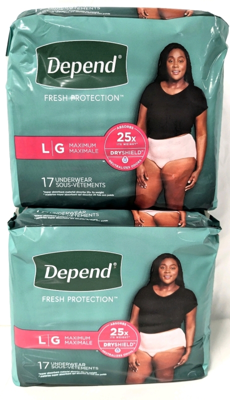 2 New Size Large Women's DEPEND Maximum Protection Disposable Underwear | 17 Underwear per Pack (Size 16-20 Pabt Size)