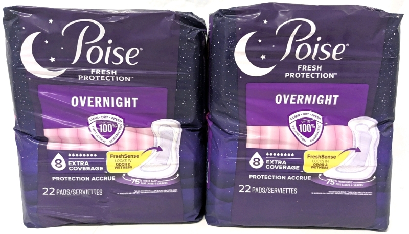 2 New POISE Extra Coverage Overnight Incontinence Pads - 22 Pads per Pack